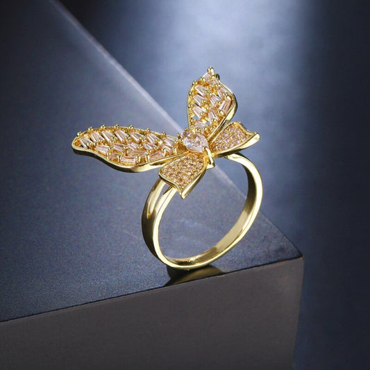 Ever Ace Gold Butterfly Adjustable CZ Fashion Finger Rings For Women - RG007